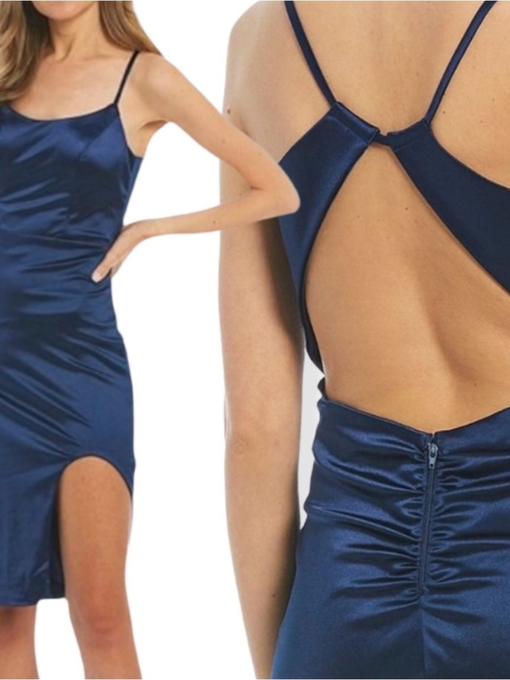 City Vibe Satin Navy Blue Midi Dress with Back Cutout